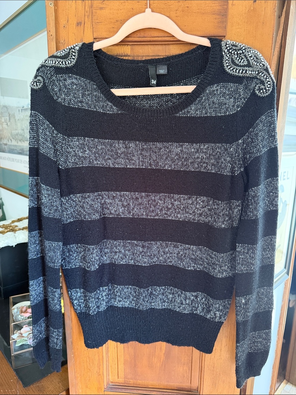 H&M Black & Gray Striped Crewneck Sweater with Beaded Shoulders